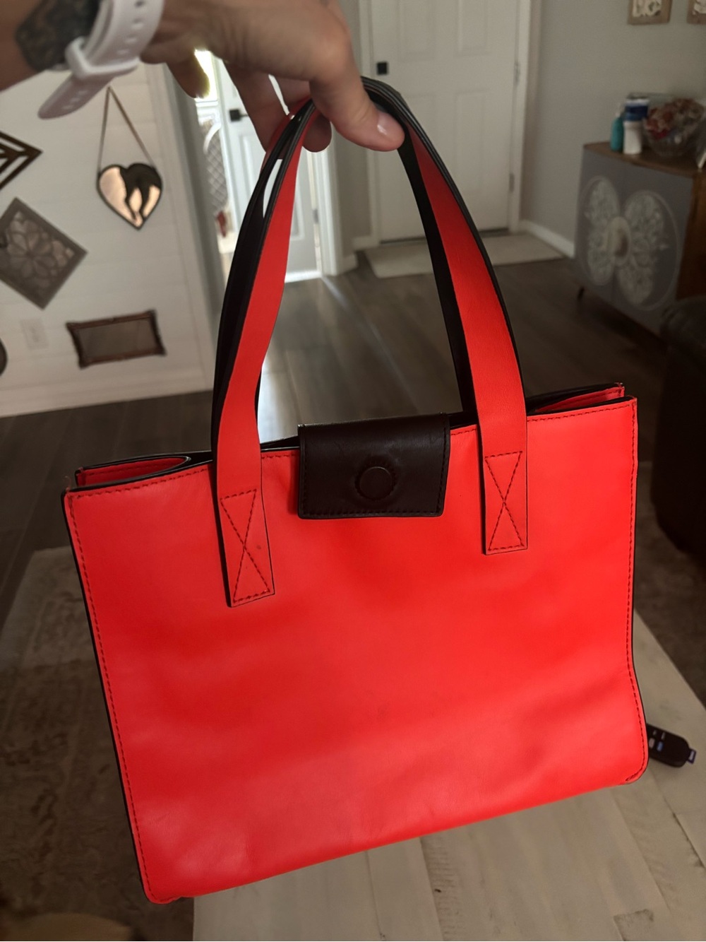 Kaye Spade Bright Coral Tote Bag with Black Trim